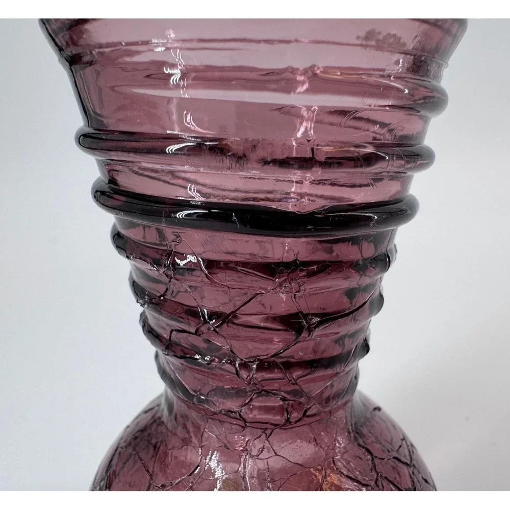 Vintage Purple Crackle Glass Vase Blenko Pilgrim Style Ribbed Neck Art Glass